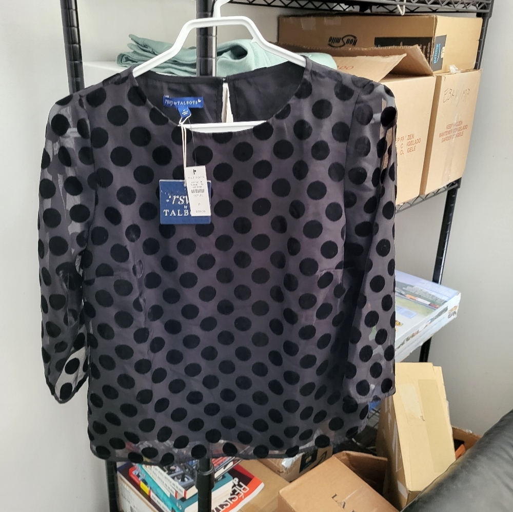 RSVP By Talbots Petite Womens Velvet Polka Dot Blouse, Black, 3/4 Sleeve NWT...